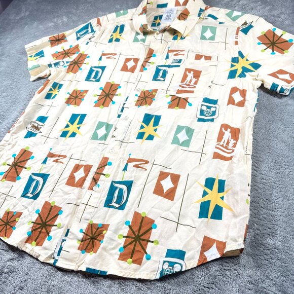 Disney Parks Retro MCM Pattern Shirt Men’s Size M Short Sleeve Button Up - Picture 2 of 9